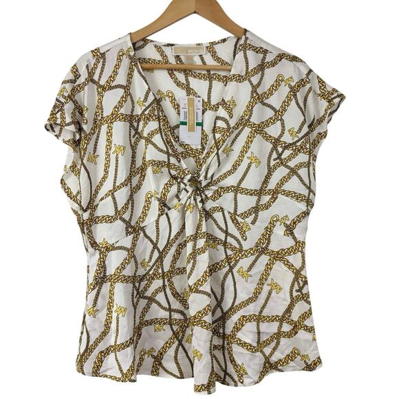 MK Michael Kors Blouse Top Women’s Sz Large White Gold Chain Print NWT Logo - Picture 1 of 7